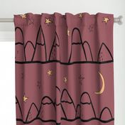 mountain life, stars, moon, dark pink, black outline, night, the woods, soft colors, simple illustration, kids, nurse scrubs, hiking, mountain trail, forest, camping, tent life, snowy mountains, starry night, wilderness, great wide open, constellation 