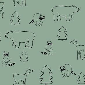  mountain life green black outline , the woods, soft colors, hiking boots, simple illustration, kids, nurse, scrubs, Bear, Deer, raccoon, hiking mountain trail green black outline, cozy cabin, forest, vintage camper, tent, life, snowy mountains, starry ni