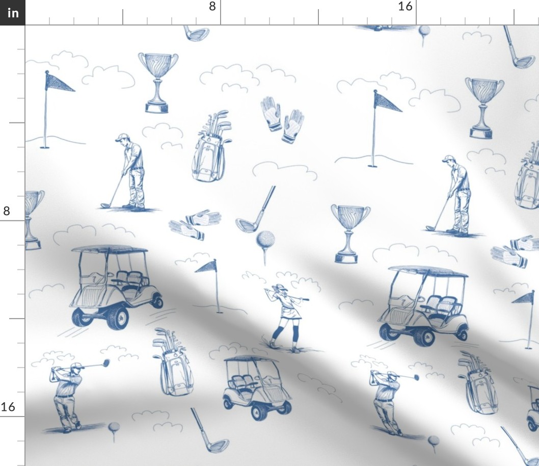 golf toile blue line drawing