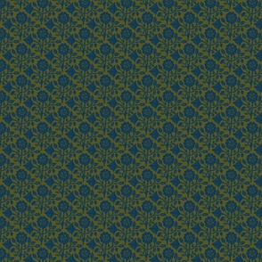 Tudor Rose Block Print - Blue on Dark Green 6"x4.5"