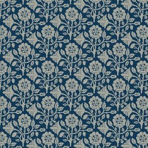 Tudor Rose Block Print - Taupe on Dark Blue 12"x9"