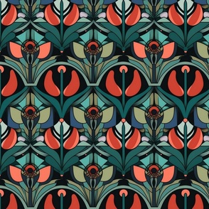charles rennie mackintosh deco tulips in red and green in small scale