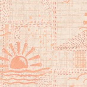 Textured Sunset With Birds on Boro Stitched Embroidered Background