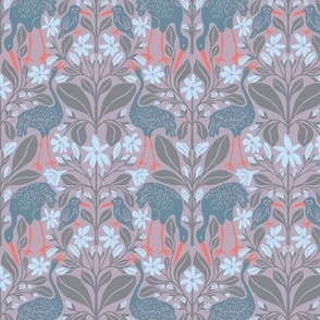 Crane Pond in Blue and Orange | Small Version | Chinoiserie Style Pattern at an Asian Teahouse Garden