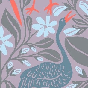 Crane Pond in Blue and Orange | Medium Version | Chinoiserie Style Pattern at an Asian Teahouse Garden