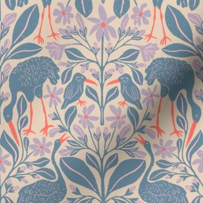 Crane Pond in Blue and Purple | Small Version | Chinoiserie Style Pattern at an Asian Teahouse Garden