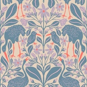 Crane Pond in Blue and Purple | Small Version | Chinoiserie Style Pattern at an Asian Teahouse Garden