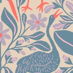 Crane Pond in Blue and Purple | Medium Version | Chinoiserie Style Pattern at an Asian Teahouse Garden