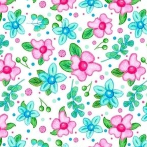 Medium Scale Bright Pink and Blue Watercolor Flowers