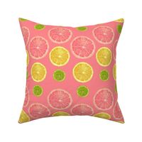 Fruit lemons, limes, grapefruit, nature modern hand drawn yellow, goldenrod , green, kelly green, pink, hot pink on a pink background.