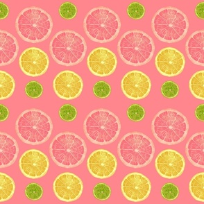 Fruit lemons, limes, grapefruit, nature modern hand drawn yellow, goldenrod , green, kelly green, pink, hot pink on a pink background.