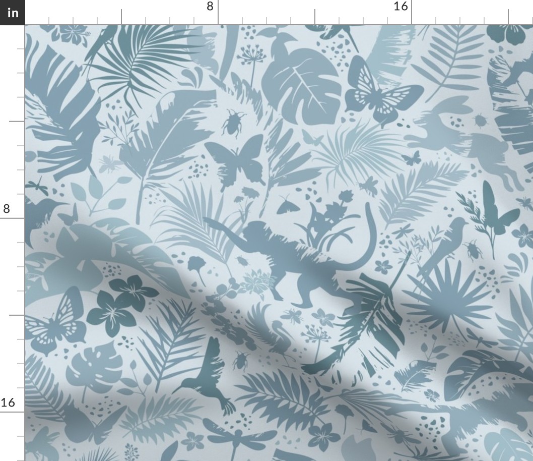 Jungle Scene Animals Plants Flowers Insects - Monochromatic Blue 