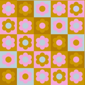 Retro Block Daisies - Pink, Blue & Gold 