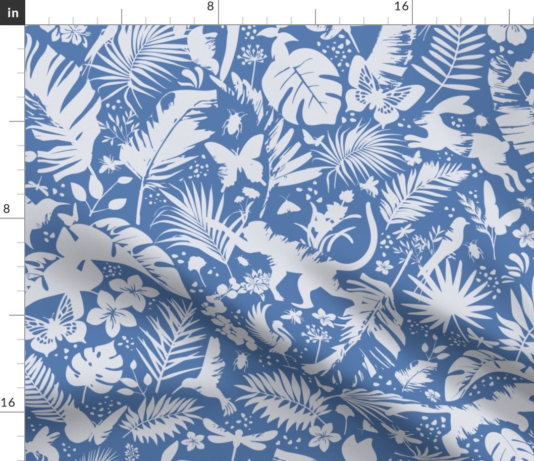 Blue Jungle Scene Animals Plants Flowers Insects