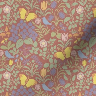 Voysey's "Spring Flowers" on muted red, small