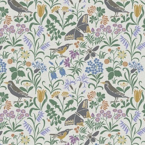 Voysey's Garden with Birds and Insects, off-white background
