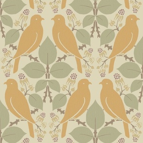 Voysey Birds in Mulberry Tree, orange and ecru