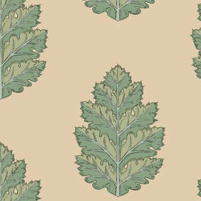 Leaf wallpaper hand drawn in soft green tones on beige sand for welcoming walls promising comfort and compassion