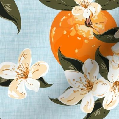 Retro Summer Fruit Kitchen Wallpaper Orange Blossom Painting, Colorful Fruits Food Pattern, Orange Tree Branch, Orange and Green, Cream Blossom Flower, Blue and Cream, Fruit Pattern, Healthy Summer Fruits Food, Botanical Illustration, Orange Grove Garden,