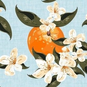 Colorful Summer Retro Orange Fruit Blossom Painting, Kitchen Food Pattern, Orange Tree Branch, Orange and Green, Cream Blossom Flower, Blue and Cream, Fruit Pattern, Healthy Summer Fruits Food (Small Scale)
