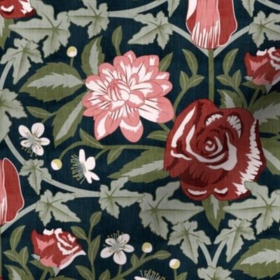 Victorian Wedding Florals- Floriography Damask- Dark Night Blue- Regular Scale