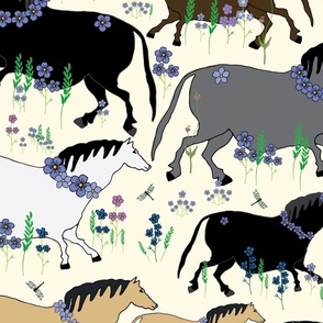 Mares In The Meadow / Eggshell Background/ Large Scale