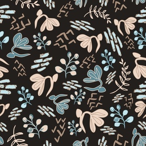 Medium Block Print Flowers and Leaves Black Teal and Beige Fabric and Wallpaper by Hanna Barnhart, Owen & Mae