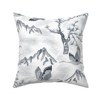 Serene Mountains- Greater Sandhill Cranes Flying over the scenic Rockies and Limber Pines- Watercolor- Silver- Regular Scale