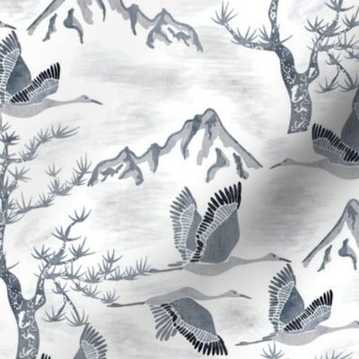 Serene Mountains- Greater Sandhill Cranes Flying over the scenic Rockies and Limber Pines- Watercolor- Silver- Small Scale