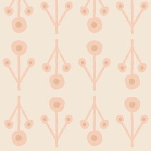 476 -  Sweet little peach, taupe and cream folk art floral with pompoms in vertical stripe setting - for home décor items, kids apparel, dresses, leggings, tops and more.