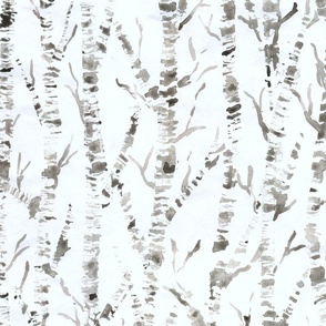 large - Birch trees - woodland forest watercolor monochrome gray brown on cold white light blue
