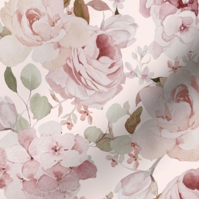 Small - Pink Blush Watercolor Hand Painted Nostalgic And Romantic Rose Flower Bouquets With Eucalyptus Leaves