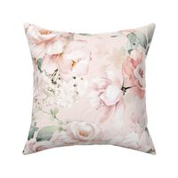 Large - Pink And Blush Watercolor Hand Painted Nostalgic and Romantic Rose and Peony Flower Bouquets 