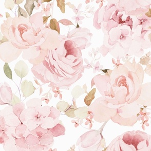 Large- Pink Blush Watercolor Hand Painted Nostalgic And Romantic Rose Flower Bouquets On White