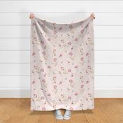 Large - Large  - Pink And Blush Watercolor Hand Painted Nostalgic and Romantic  Roses Scattered flowers Meadow On Pink