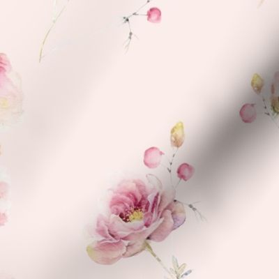 Large - Large  - Pink And Blush Watercolor Hand Painted Nostalgic and Romantic  Roses Scattered flowers Meadow On Pink