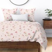 Large - Large  - Pink And Blush Watercolor Hand Painted Nostalgic and Romantic  Roses Scattered flowers Meadow On Pink