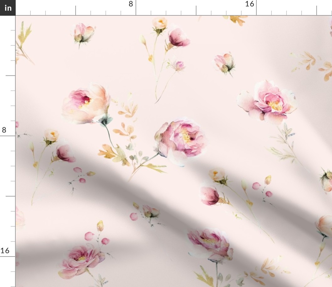 Large - Large  - Pink And Blush Watercolor Hand Painted Nostalgic and Romantic  Roses Scattered flowers Meadow On Pink