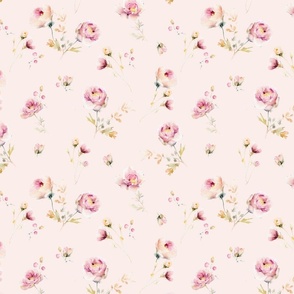 Small   - Pink And Blush Watercolor Hand Painted Nostalgic and Romantic  Roses Scattered flowers Meadow On Pink