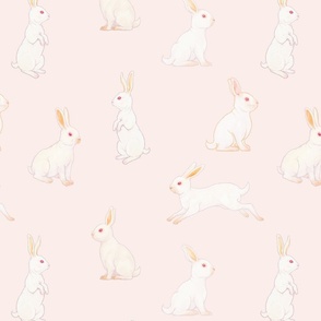 Large  - Cute little White Bunnies in a Pink Easter Spring Meadow 