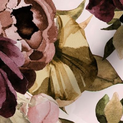 Large - Burgundy Brown And Blush Watercolor Hand Painted Nostalgic and Romantic Rose and Peony Flower Bouquets On Pink