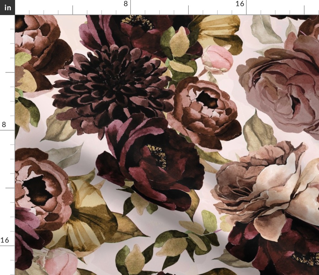 Large - Burgundy Brown And Blush Watercolor Hand Painted Nostalgic and Romantic Rose and Peony Flower Bouquets On Pink