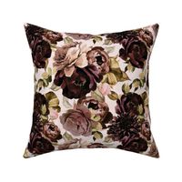 Small - Burgundy Brown And Blush Watercolor Hand Painted Nostalgic and Romantic Rose and Peony Flower Bouquets On Pink