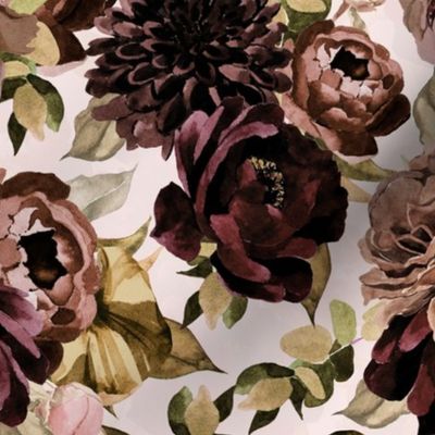 Small - Burgundy Brown And Blush Watercolor Hand Painted Nostalgic and Romantic Rose and Peony Flower Bouquets On Pink