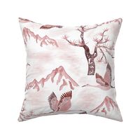 Serene Mountains- Greater Sandhill Cranes Flying over the scenic Rockies and Limber Pines- Watercolor- Pink Clay- Regular Scale