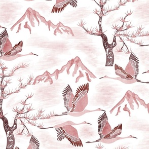 Serene Mountains- Greater Sandhill Cranes Flying over the scenic Rockies and Limber Pines- Watercolor- Pink Clay- Regular Scale