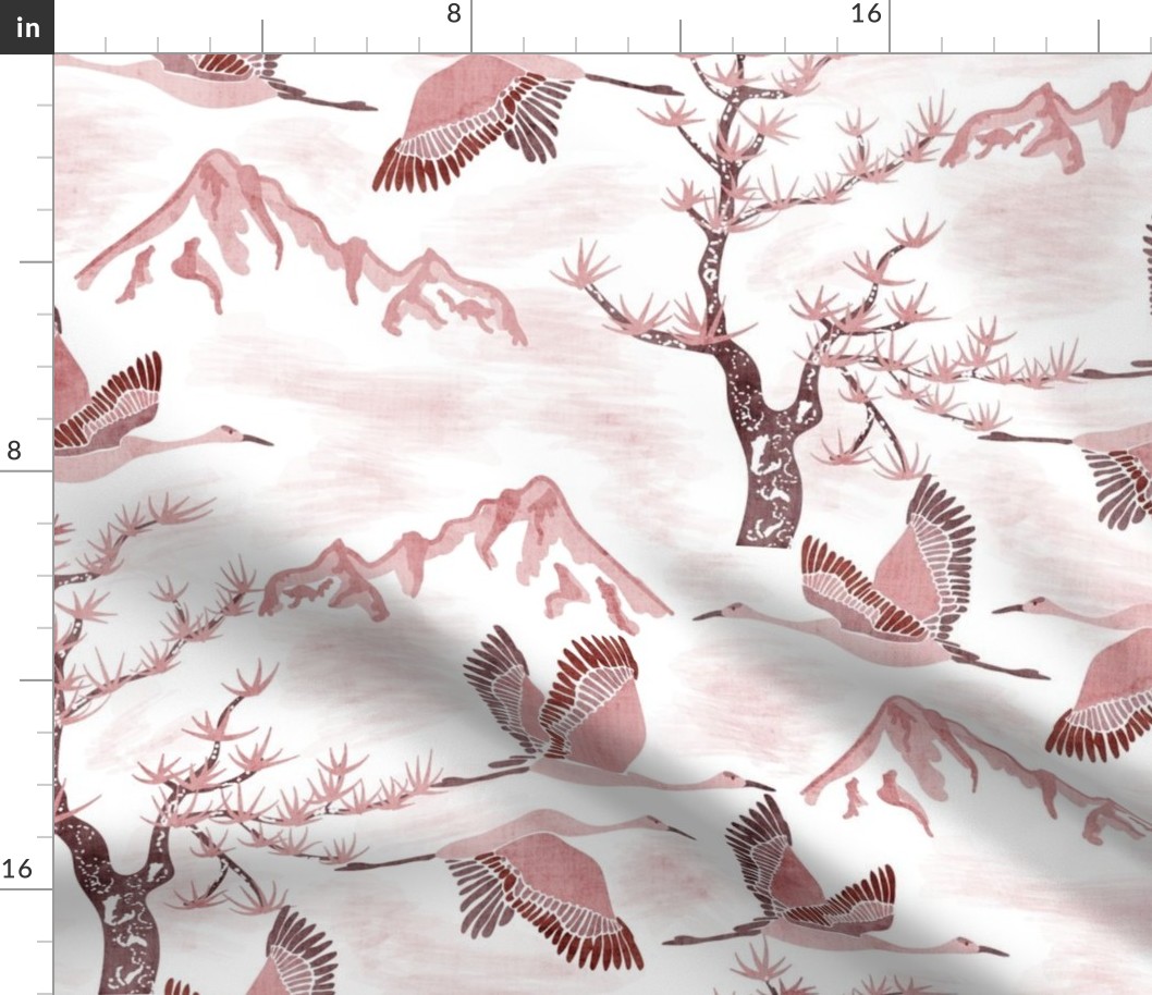 Serene Mountains- Greater Sandhill Cranes Flying over the scenic Rockies and Limber Pines- Watercolor- Pink Clay- Regular Scale