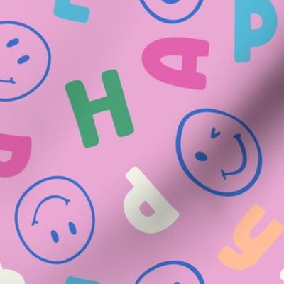 (M) Spread joy with this playful cobalt blue smile face with varsity letter/alphabetic character in hot pink, green, yellow on barbie pink background. Ideal for kids' clothes and bedroom.