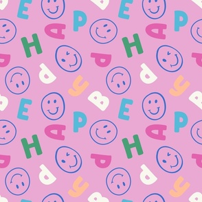 (M) Spread joy with this playful cobalt blue smile face with varsity letter/alphabetic character in hot pink, green, yellow on barbie pink background. Ideal for kids' clothes and bedroom.