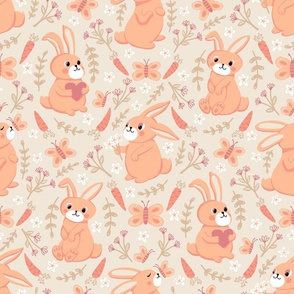 big// Bunnies Carrots Butterflies Floral Easter Pantone Peach Fuzz Cream Background